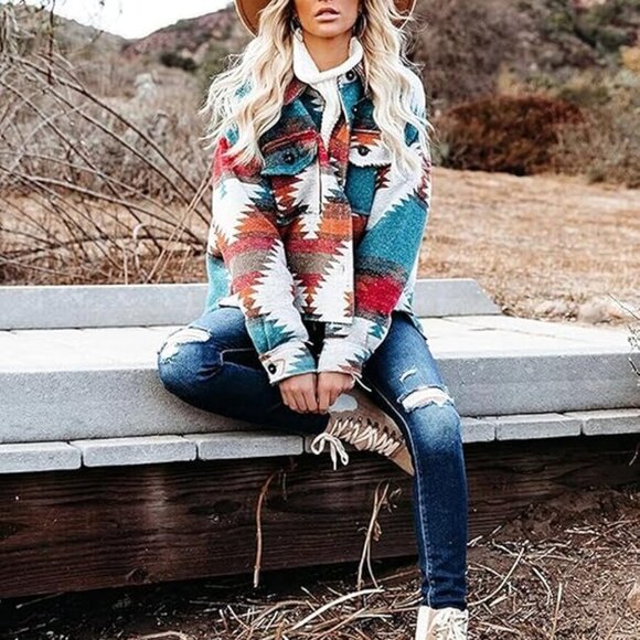 Shein Aztec Print Pattern Loose Shacket Button Down Sz 6 - Picture 1 of 6